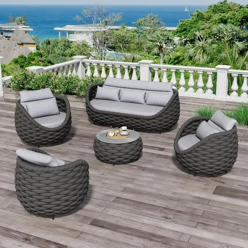 Vista 33 de Juego de muebles de patio de aluminio de 3 piezas: cuerda tejida a mano para conversación al aire libre, juego de 2 cojines modernos montados, juego