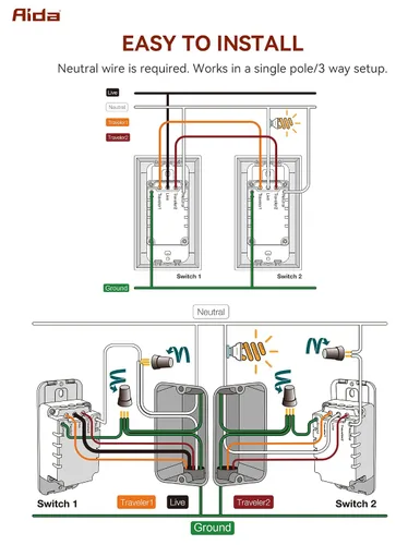 Vista 7 de AIDA Interruptor de luz inteligente, interruptor inteligente WiFi de 3 vías, compatible con Alexa y Google Home, requiere cable neutro, interruptor
