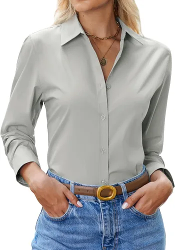 Vista 10 de siliteelon Camisa con botones para mujer: camisa de vestir con cuello de manga larga de algodón con botones, blusa de trabajo y oficina