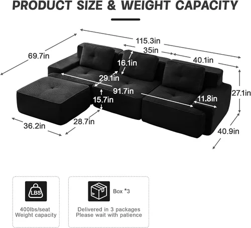 Vista 3 de Modern L-Shaped Modular Sectional Sofa for Living Room, 3-Seater Couch with Deep Seat and Movable Ottoman, Corduroy Fabric, Tufted Design, No
