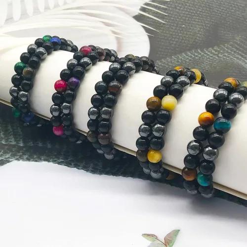 Vista 6 de FINZOR 10 pulseras de triple protección de hematita obsidiana negra ojo de tigre pulseras de cuentas para hombres y mujeres alivio del estrés