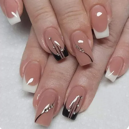 Vista 33 de 24 uñas postizas cortas a presión, color rosa RTKHFZE con diseño de mariposa blanca y diamantes de imitación, uñas postizas cuadradas de cobertura