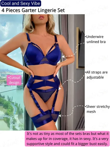 Vista 80 de Kaei&Shi - Lencería con liguero para mujer, conjunto de encaje traslúcido y sexy de 4 piezas combinadas