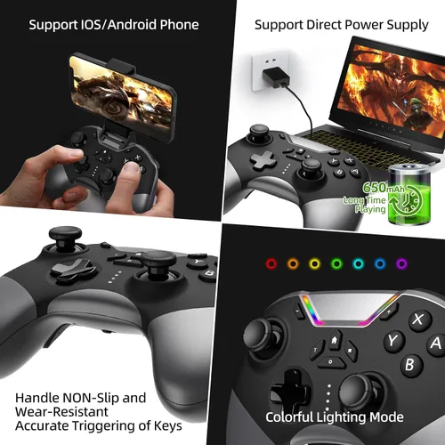 Vista 5 de Bluetooth Controller for Switch/PC/iPhone/Android/Apple Arcade MFi Games/TV/Steam, Hall Effect Joysticks Wireless Game Controller Gamepad with/Phone