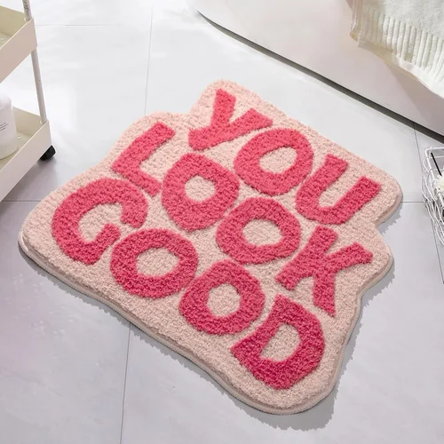 Vista 13 de Alfombra de baño con texto en blanco y negro con texto en inglés "You Look Good", divertida y bonita, decoración de baño, pequeña, fresca