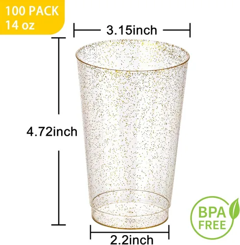 Vista 3 de I00000 Paquete de 100 vasos de plástico dorados de 14 onzas, vasos desechables de plástico con purpurina dorada, copas de vino desechables, copas