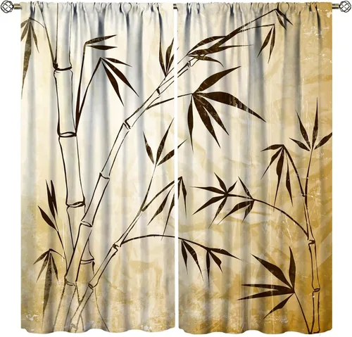 Vista 22 de Cortinas con estampado de bambú verde natural, plantas asiáticas, japonesas, tallos rústicos, hojas, cortina de selva con bolsillo para cortinero
