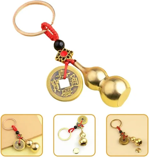 Vista 5 de Llavero chino de Wu con diseño de calabaza Wu Lu, 4 piezas, Feng Shui, moneda, llavero de calabash, colgante de calabash, llavero para buena suerte