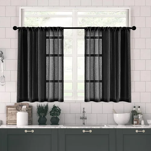 Vista 29 de MRTREES Cortinas transparentes de Aqua Blue, para cocina, de 36 pulgadas de longitud, cortinas transparentes de gasa con filtro de luz, cortinas