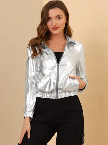 Vista 2 de Allegra K Chaqueta metálica holográfica brillante para mujer, manga larga, ligera, con cremallera
