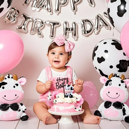 Vista 6 de Paquete de 12 adornos para tartas de vaca, linda figura de animales de granja con bolas, feliz cumpleaños para baby shower, niños, fiesta