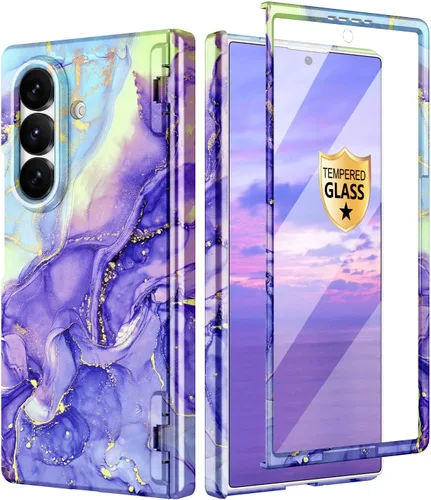 Vista 9 de Btscase Funda para Samsung Galaxy Z Fold 5, protector de pantalla frontal integrado, patrón de mármol dorado con purpurina de policarbonato duro