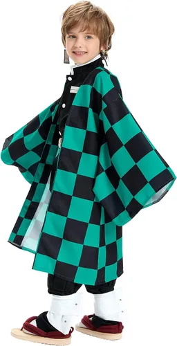 Vista 2 de Kamado Tanjirou - Disfraz de cosplay para niños, kimono, uniforme de anime con aretes