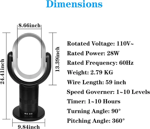 Vista 2 de Simple Deluxe Ventilador de torre portátil sin aspas, 10 ajustes de velocidad, cierre de temporizador de 10 horas, bajo ruido, ligero, 24 pulgadas