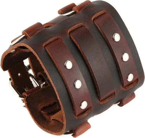 Vista 3 de HZMAN Anillo de aleación para hombre, pulsera de cuero genuino, tono plateado, ajustable