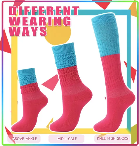 Vista 5 de Calcetines holgados de neón para mujer de los años 80 y 90, calcetines altos hasta la rodilla, suaves y extra largos, calentadores de piernas
