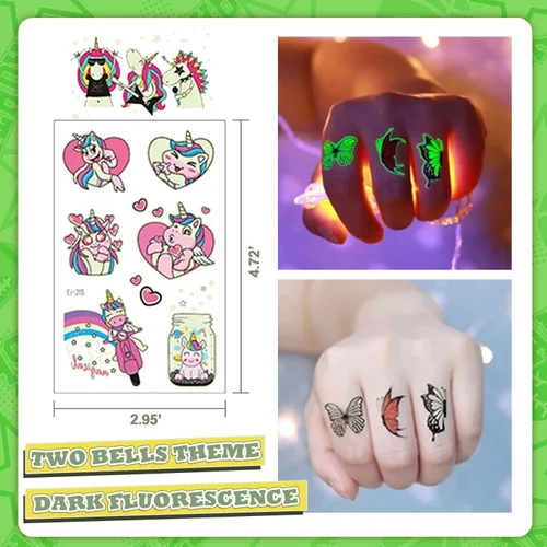 Vista 3 de 200 tatuajes de mariposa luminosos para niños, con temática de unicornio y mariposa, tatuajes temporales para niños, tatuajes temporales que brillan