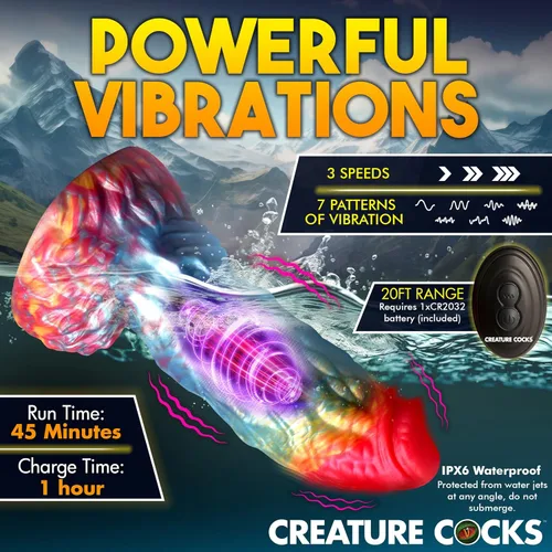 Vista 8 de CREATURE COCKS Consolador vibratorio de silicona Rainbow Phoenix para hombres, mujeres y parejas. Consolador de fantasía con potente vibración.
