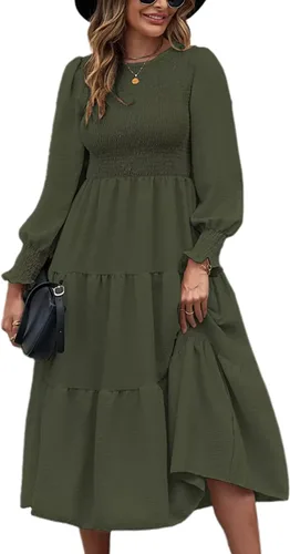 Vista 2 de SEBOWEL Vestido largo de manga larga con cuello redondo para mujer, con volantes escalonados, acampanado, vestido fluido para fiesta de cóctel