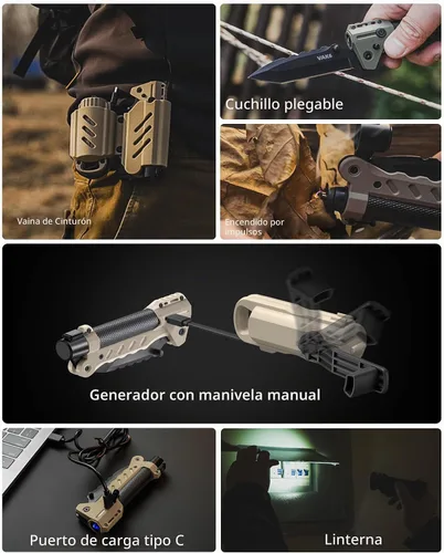 Vista 4 de VIPERADE VAK6 Multiherramienta de supervivencia con cuchillo plegable, linterna LED, encendido por pulso y generador de manivela, cuchillo