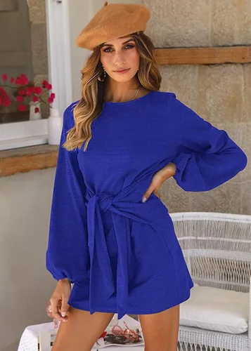 Vista 4 de PRETTYGARDEN - Vestido corto y elegante de fiesta para mujer, con cuello redondo, manga farol, tejido de punto y para atar en la cintura