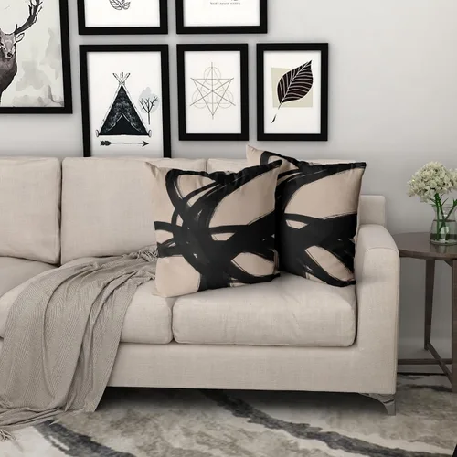 Vista 7 de Juego de 2 fundas de almohada de línea de arte abstracto negro y marrón de 16 x 16 pulgadas, juego de 2 fundas de almohada decorativas con estampado