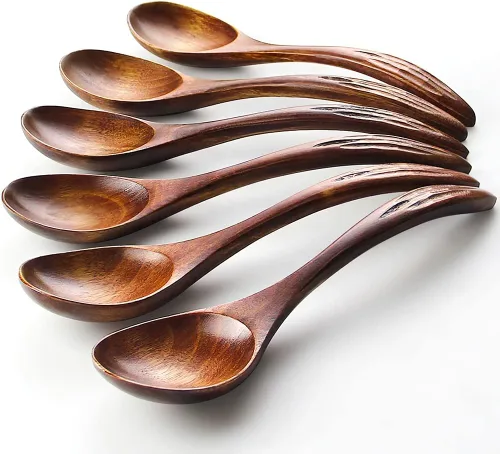 Vista 8 de IQCWOOD Cuchara de madera coreana, 6 cucharas de madera, 7 pulgadas, hechas a mano, cucharas de madera asiática natural para sopa, café, ensalada