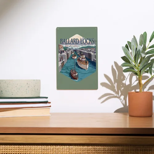 Vista 2 de Lantern Press 6x9 Inch Wood Sign, Ready to Hang Wall Decor, Seattle, Washington, Ballard Locks
