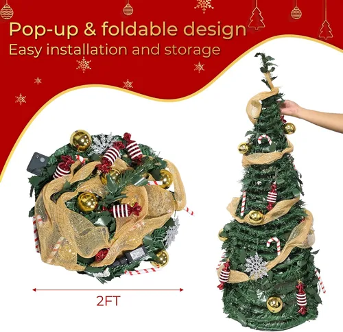 Vista 3 de TLSUNNY Árbol de Navidad desplegable de 1.8 m con luces, árbol de Navidad plegable con control remoto, totalmente decorado con luces preinstaladas