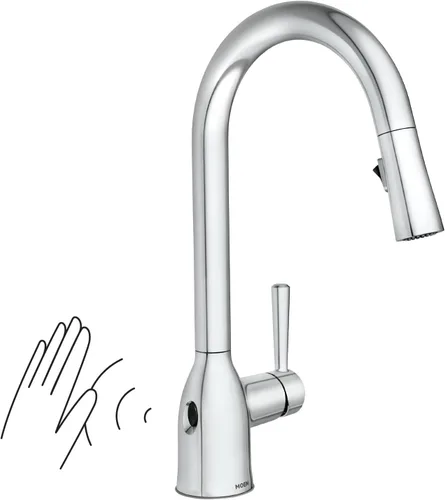 Vista 19 de Moen Adler Grifo de fregadero de cocina cromado de un solo mango con arco alto y fuerza de limpieza, llave de cocina moderna con rociador extraíble
