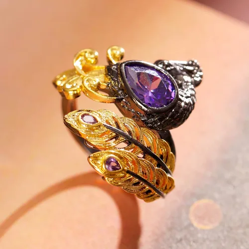 Vista 5 de Gothic Golden Feather Amethyst Rings - Black Peacock Rhinestone Copper Rings