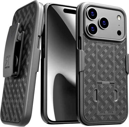 Vista 8 de Funda diseñada para iPhone 15 con funda de clip para cinturón, funda con función atril, color negro