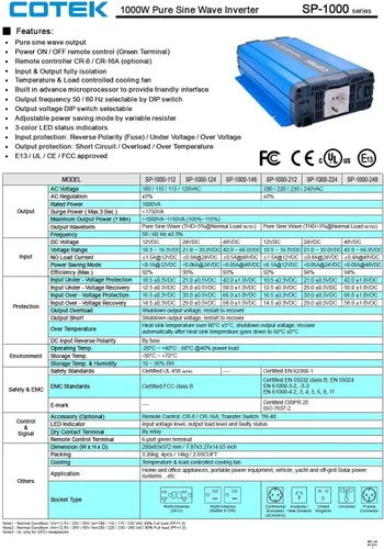 Vista 5 de SP-1000-112 Inversor de onda sinusoidal pura con doble GFCI 120VAC 12VDC 1000W (SP1000-112)