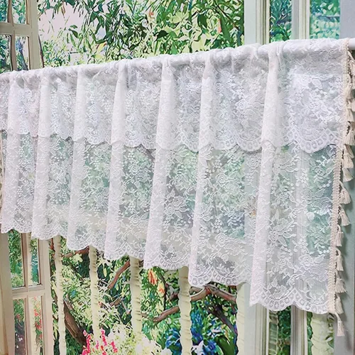 Vista 9 de Cenefa de cortina de ganchillo bohemio para ventana de cocina, retro, rústico, de algodón, con encaje, corta, bolsillo para barra con borlas