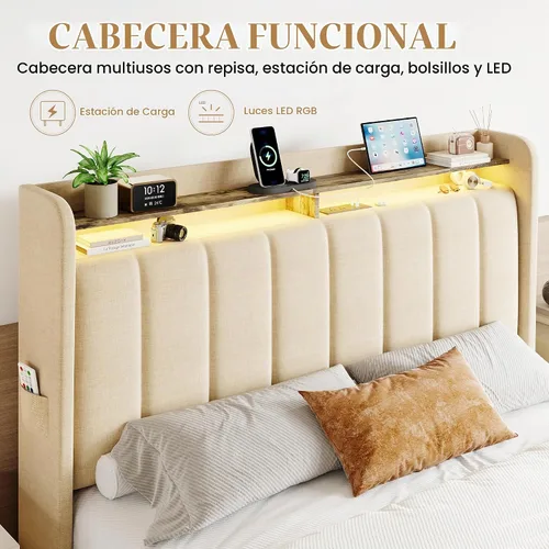 Vista 4 de SHA CERLIN - Marco de cama de tamaño matrimonial con cabecero
