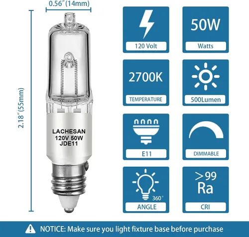 Vista 2 de JDE11 - Bombilla halógena E11 de 120 V, 50 W, E11, base de mini candelabro regulable T4 (bombilla LED E11 de reemplazo), 2700 K blanco cálido
