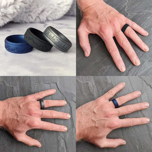 Vista 16 de Knot Theory Anillo de silicona para hombre, grabado de montaña, ondas, bosque, ancho de banda de 0.315 pulgadas, transpirable, ajuste cómodo