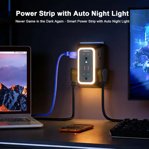 Vista 6 de Extensor de toma de corriente de pared con luz nocturna, adaptador de enchufe de alimentación extensor de 6 salidas con 4 puertos de carga USB