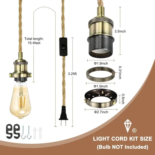 Vista 2 de PATIKIL Kit de cable de luz colgante de 15.4 pies, enchufe E26 con interruptor, cuerda trenzada industrial vintage para lámpara de granja bronce