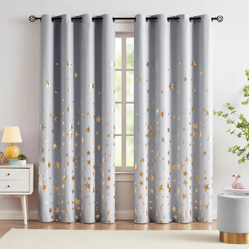 Vista 12 de Treatmentex Cortinas Blackout Completas Gold Star Negras para Dormitorio de Niños Varones, Paneles de Ventana con Acabado Metálico para Cuarto
