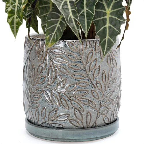 Vista 29 de D'vine Dev Maceta de gres con hojas en relieve de 4 pulgadas con orificio de drenaje y platillo, azul grafito, 27-A-Z-9 Nature-Inspired Leaf