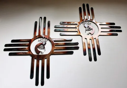 Vista 2 de Southwestern Zia with Kokopelli Pair Left & Right Metal Wall Art Decor 14" 18" or 20