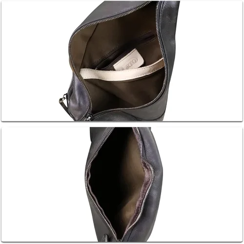 Vista 7 de LRTO Bolso de cuero genuino para mujeres y hombres, mochila de cuero vintage para el hombro, bolso cruzado en el pecho, Grisoscuro