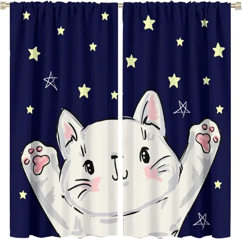 Vista 35 de Cortinas opacas de gato abstracto, arte simple, universo planeta, dibujos animados, lindo, divertido, colorido, gato, azul, niños, niñas, niños