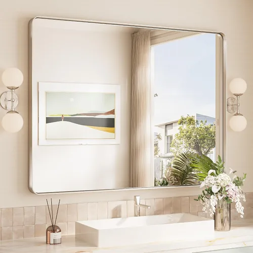 Vista 93 de TokeShimi Espejo de pared de baño de níquel cepillado de 20 x 30 pulgadas, marco de metal, esquina redonda, rectangular, para decoración del hogar