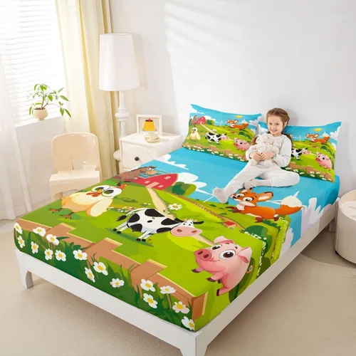 Vista 6 de Feelyou Juego de sábanas bajeras de animales de dibujos animados para niños, tamaño individual para niños y niñas, juego de sábanas Happy Farm
