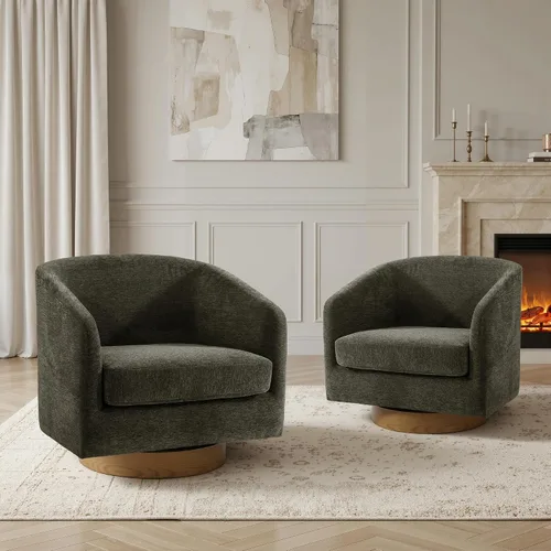 Vista 31 de Silla Giratoria de Acento de Cuero Sintético con Base de Madera, Sillas de Barril Tapizadas Modernas para Sala de Estar, Cómodo Sillón Redondo Sofá
