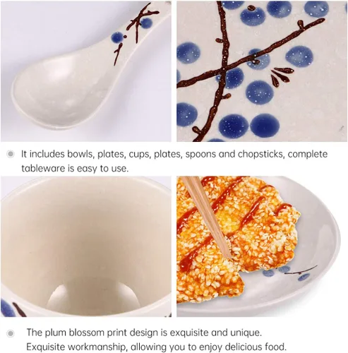 Vista 9 de Hemoton Juego de vajilla japonesa de cerámica de 6 piezas para uso doméstico individual, incluye plato, taza, plato, cuchara, palillos de 7.28