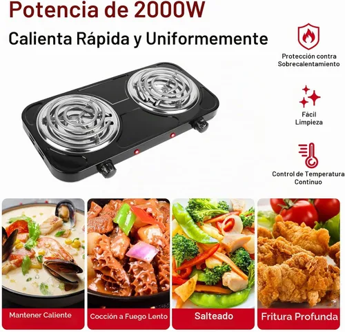 Vista 2 de Placa eléctrica de 2000 W, estufa eléctrica portátil para encimera, quemadores de bobina doble con control dual y control de temperatura de 5