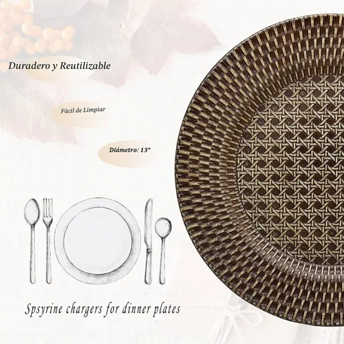 Vista 3 de Spsyrine Platos de carga rústicos de plástico de ratán sintético, juego de 6 elegantes cargadores de platos redondos para cenas, decorativos